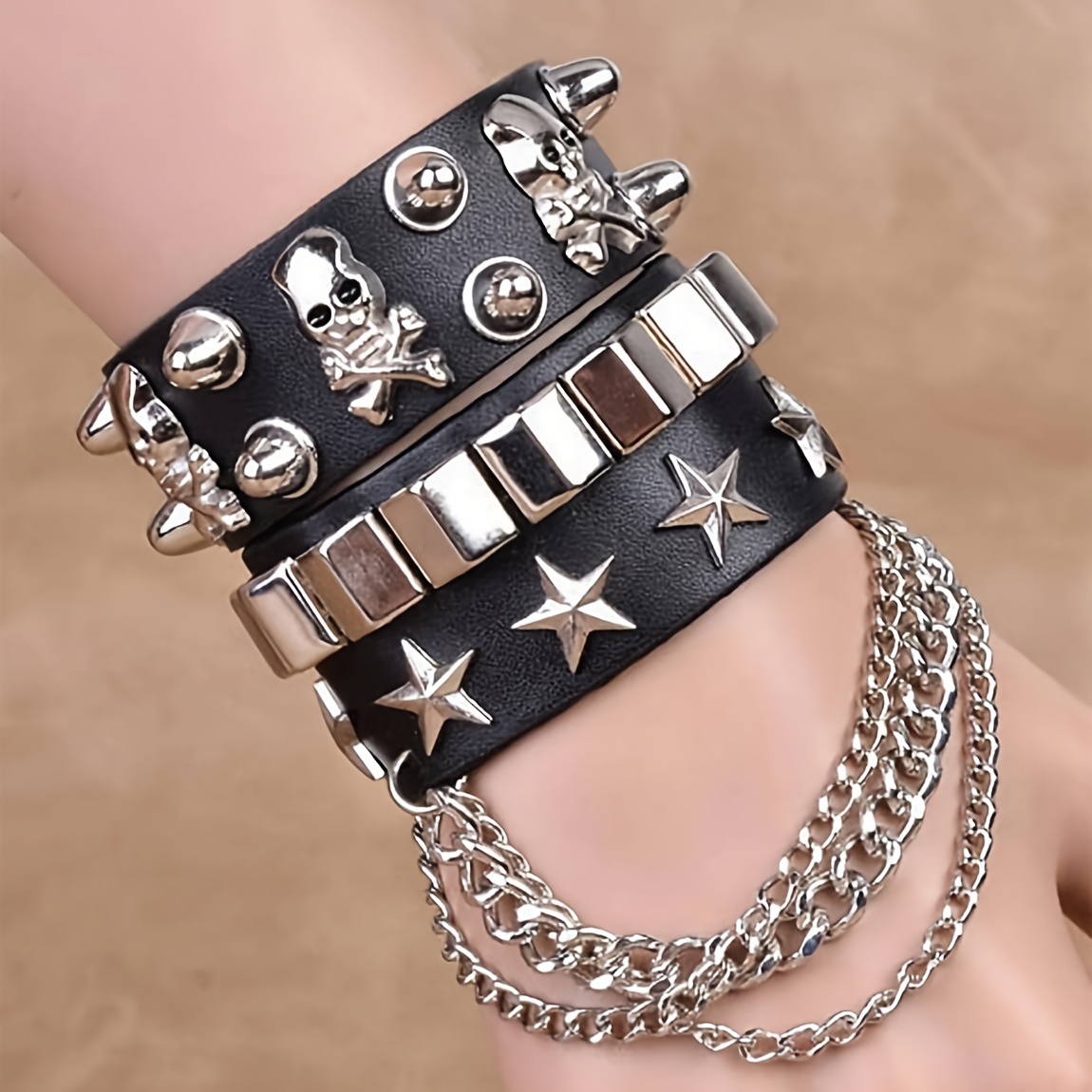 punk rock studded bracelets adjustable spiked leather - Temu