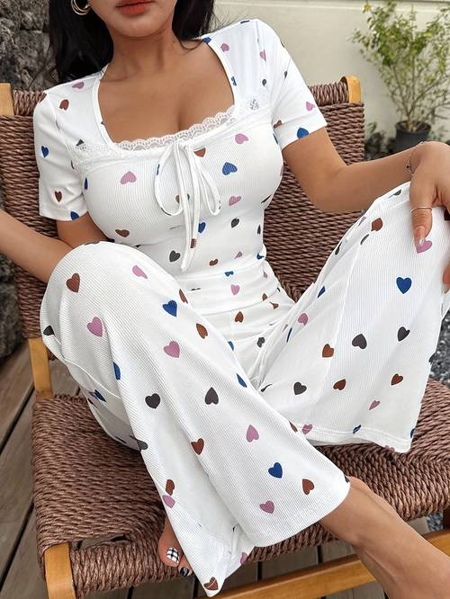 womens casual heart neck fitted top and flared pants pajama set cute loungewear set womens sleepwear set