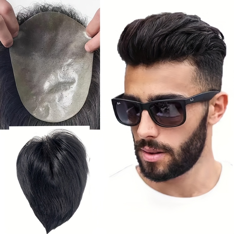 TEMU Complete Hand-knitted Hairpiece For Men - Premium Realistic Seamless Hair Topper - Human Hair Wig With Pu Edging - Straight Human Hair Wig
