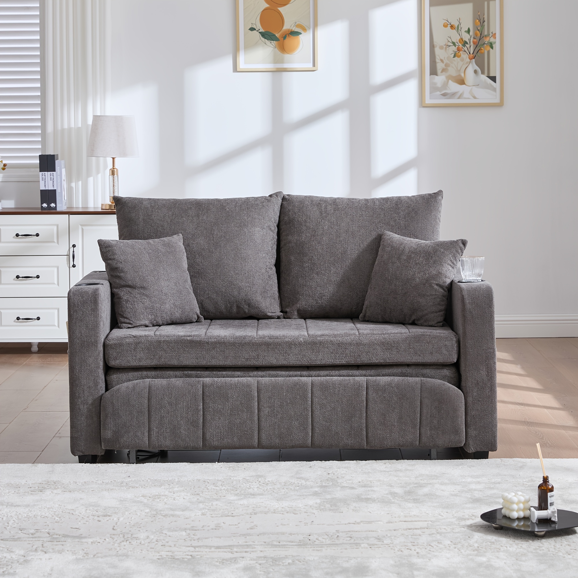 Large Pull-out Two-seater Sofa Bed With Cup Holders, Back And Decorative Cushions, And Storage Pockets, Grey Fabric, For The Living Room, Bedroom, Or Study