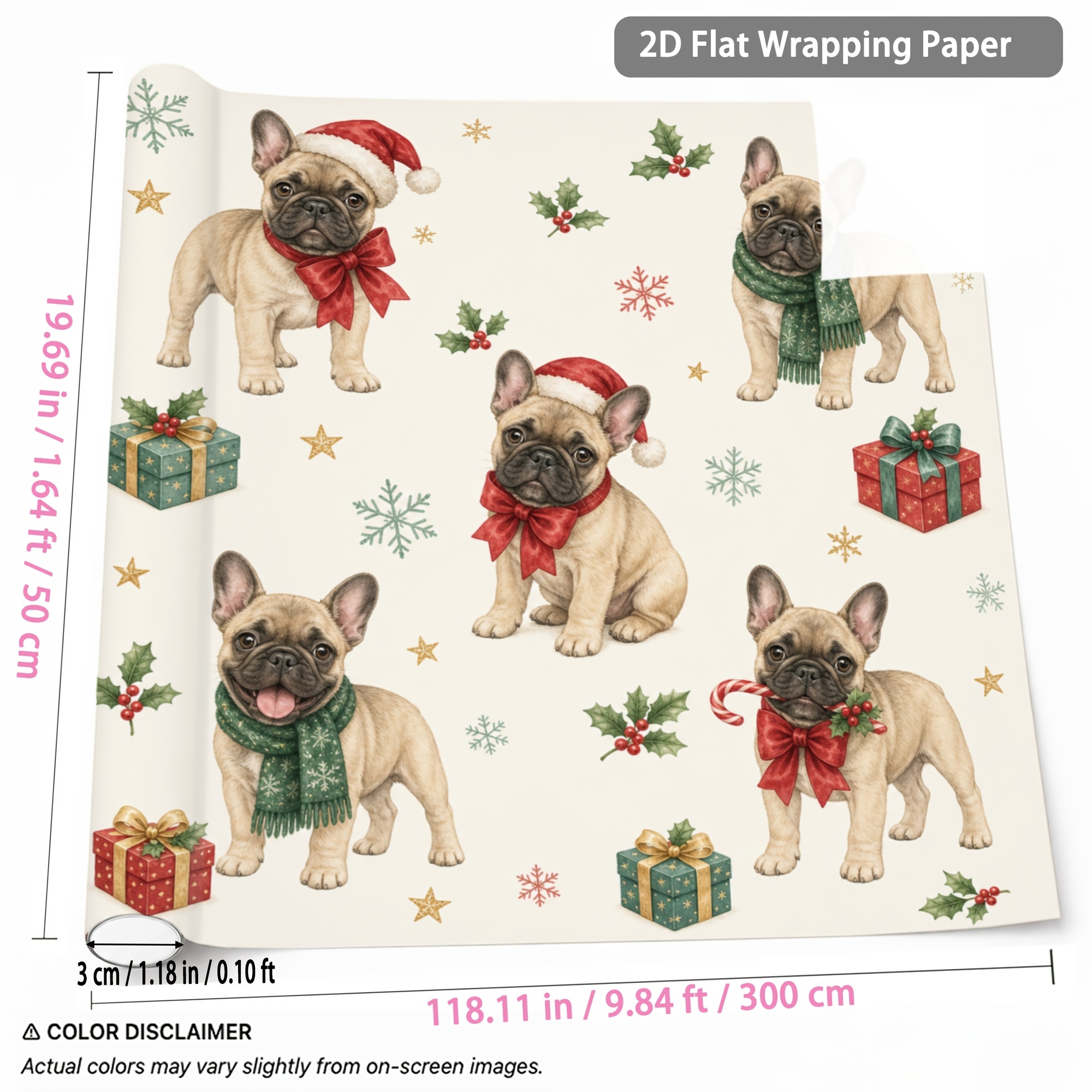 TEMU 1 Rolle Weihnachtsgeschenkpapier 1.64Ft X 9.84Ft Niedliches Französische Bulldogge Muster Geschenkverpackungspapier für Feiertagsparty Neujahr