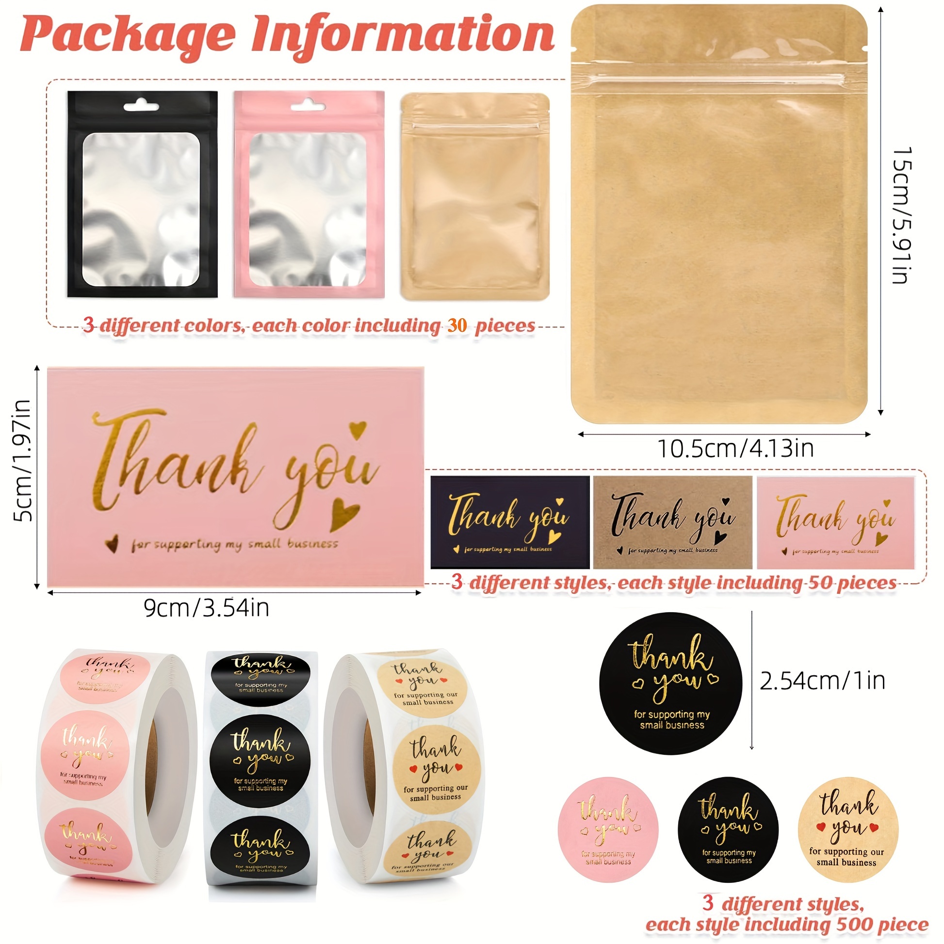 Image of 1740pcs "thank You" Cards Set In , Including 1500pcs "thank You" Stickers 1 Inch, 150pcs "thank You" Cards In Golden Stamping, And 90pcs Thickened Reusable Retail Store Packaging Bags
