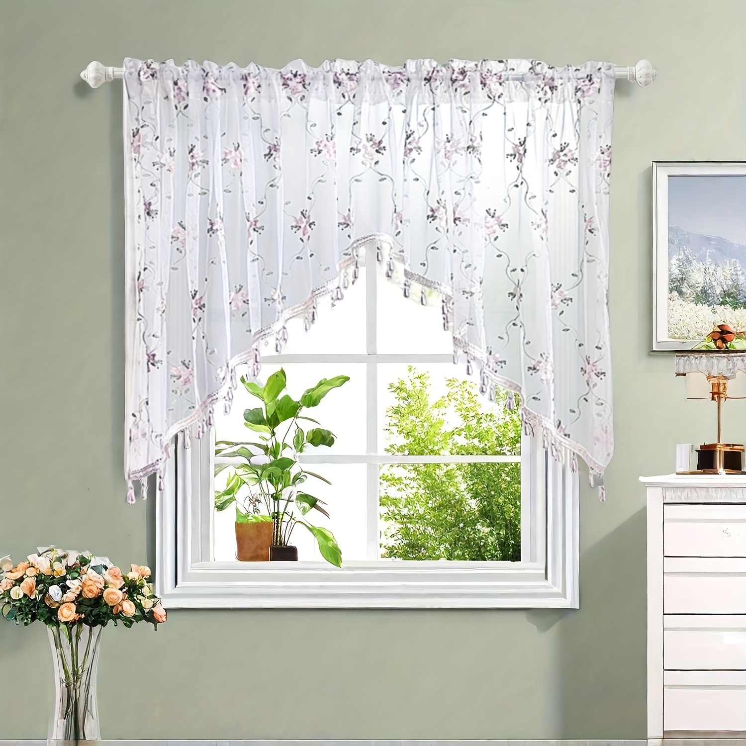 E-shop 1-Panel Vintage Blumenstickerei Spitzenvorhang - Leichter Bauernhaus Küchenfenster Drapierung, Stangen--Design, Waschbar, für Saisonaler Charme,