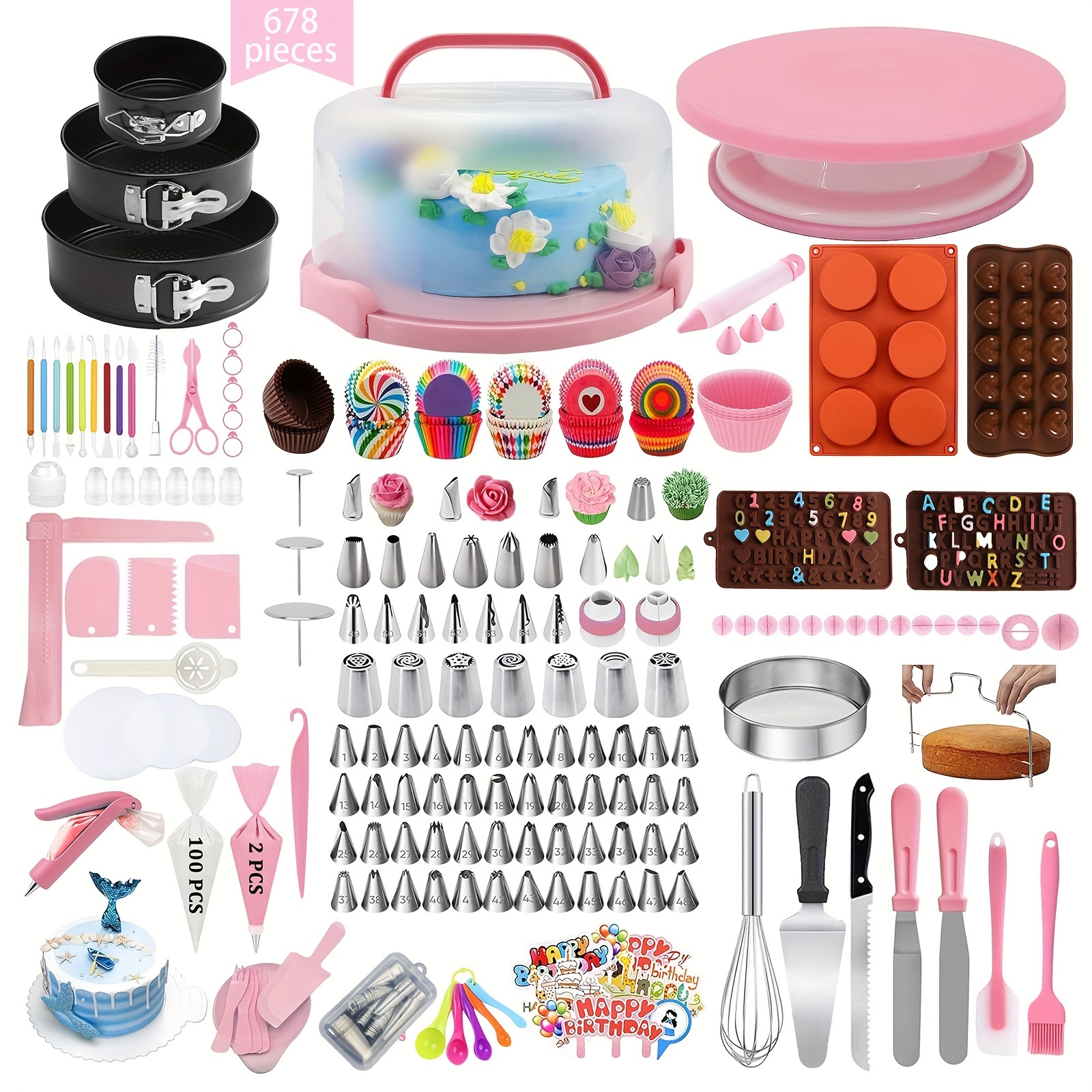 TEMU 678pcs Cake Decorating Set, Cake Decorating Supplies Set With Cake Stand, Spring Mold, 74 Squeeze Tips, Chocolate Mold, Rotary Turntable, Fondant Tool - Cake Baking Supplies Set Combo