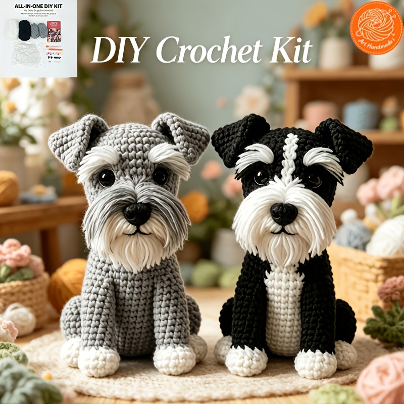 TEMU Crochet Kit | 2pcs/set - Gray And Black Schnauzer Twin Puppies [crochet Material Bag], Creative Crochet | Non-finished Product, Includes Making