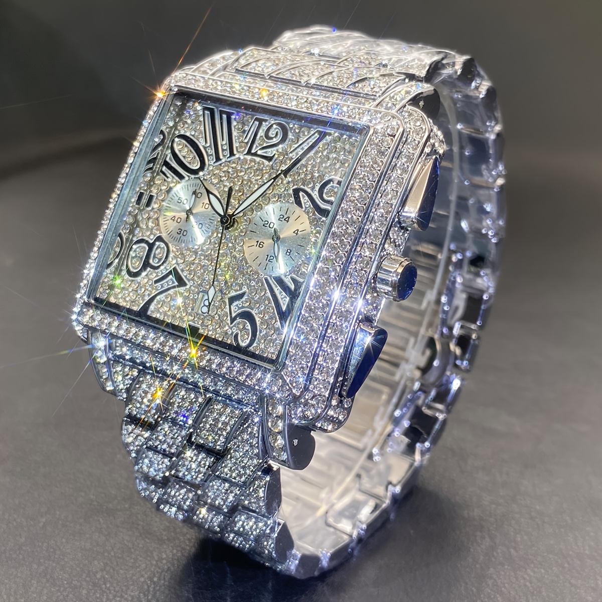 MISSFOX Men'S Luxury Hip-Hop Watch - Golden-Tone Quartz Movement with Date/Calendar, Square Dial & Roman Numeral Display, Sparkling Rhinestone Bezel, Battery-powered Formal/casual Wristwatch For Everyday & Special Events - Ideal Gift For Dad - Image 6
