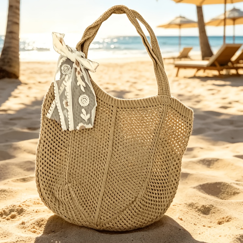 TEMU Women's Tote Bag And Ribbon, Large Capacity Hollow Knit Shopping Bag With Fixed Shoulder Strap, Unlined, Suitable For Travel And Daily Use