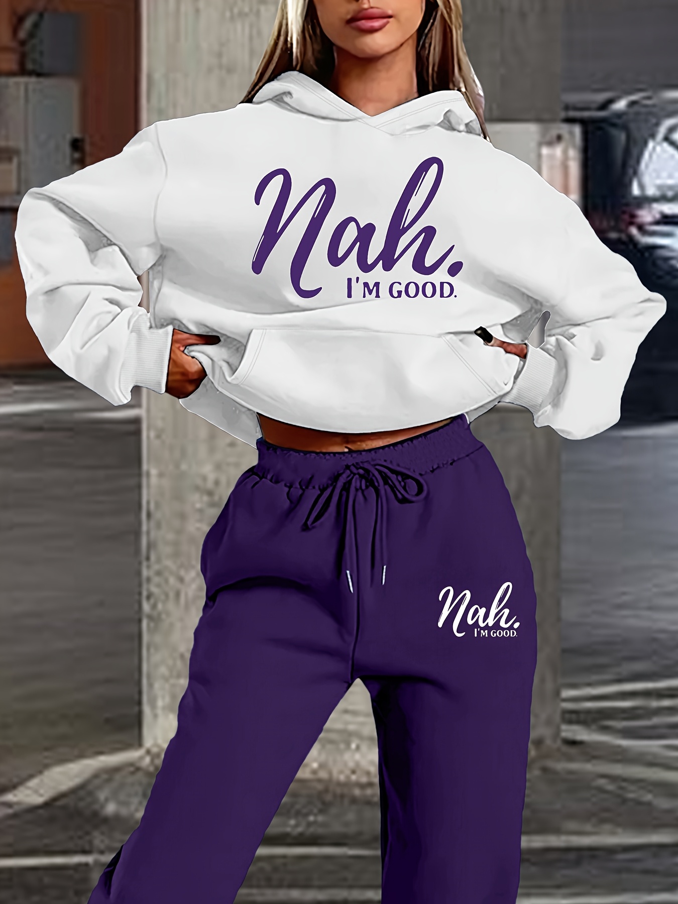 Conjunto de Moda para Mujer Sudadera con Capucha Color Block NAH I'M GOOD  Estampado y Cordón Casual de Piezas Tendencia