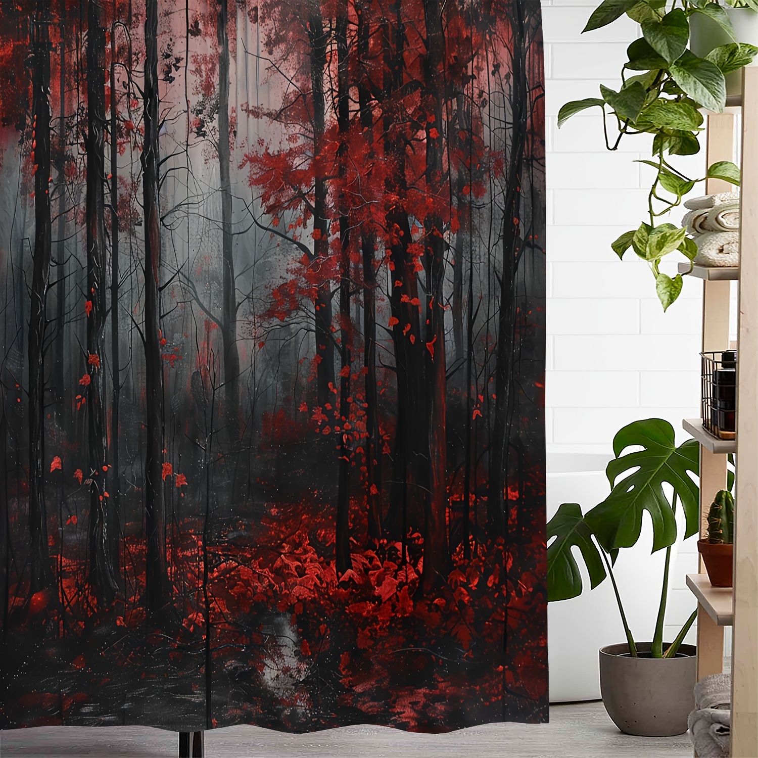 

1pc Maple Forest Print Shower Curtain, Waterproof Shower Curtain With Hooks, Bathroom Partition, Bathroom Accessories, Home Decor