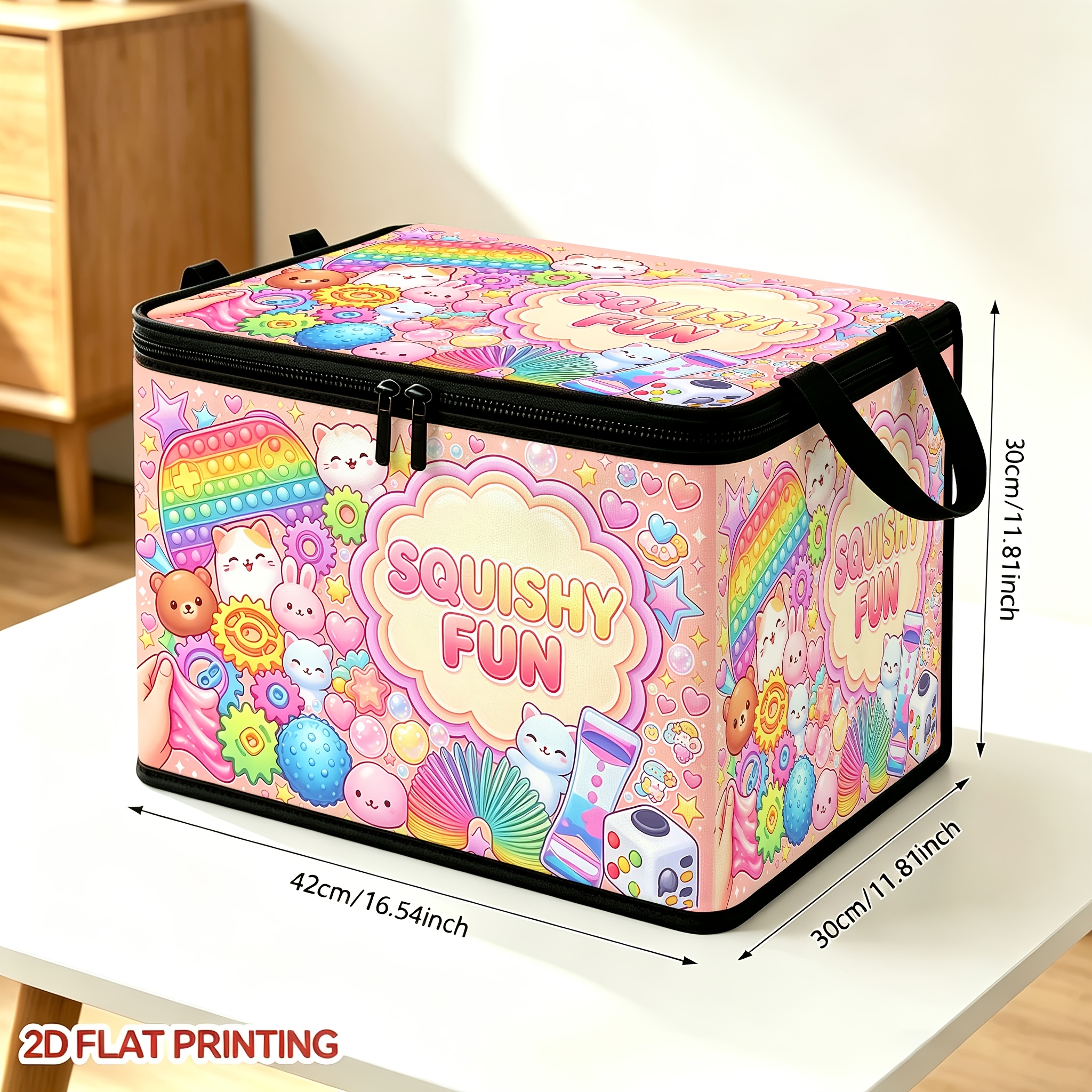 TEMU Boîte de rangement colorée anti-stress, jouet souple et avec motif imprimé intégral, organisateur pliable en tissu avec fermeture éclair, grande