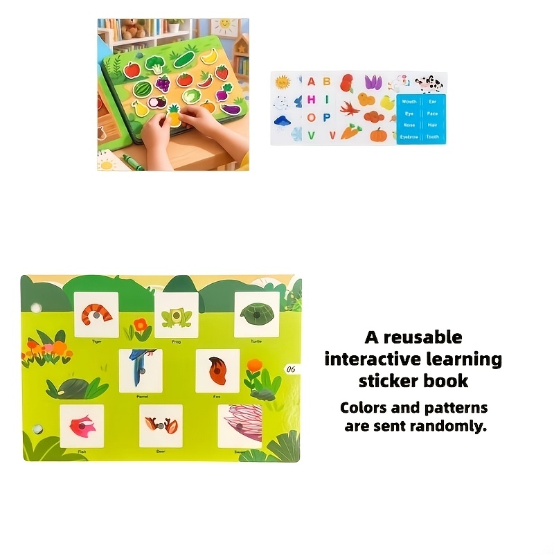 TEMU Libro adesivi interattivo riutilizzabile per l'apprendimento con motivi ricchi, inclusi frutta, animali, e modelli di adesivi, per migliorare