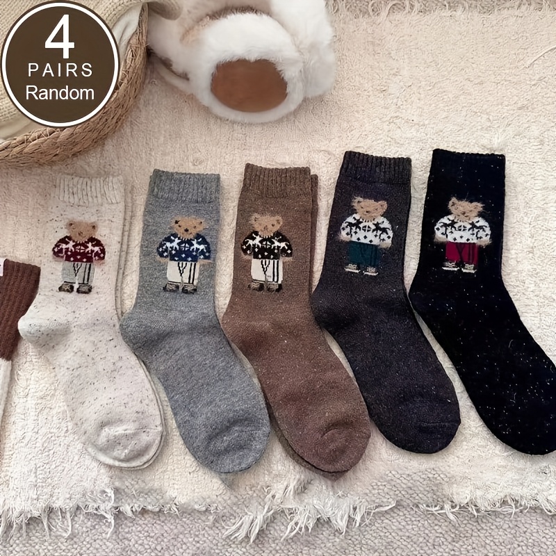4-pair Random Assorted Autumn/winter Cute Cartoon Bear Women's Thermal Mid-calf Thick Slouchy Mid-calf Socks