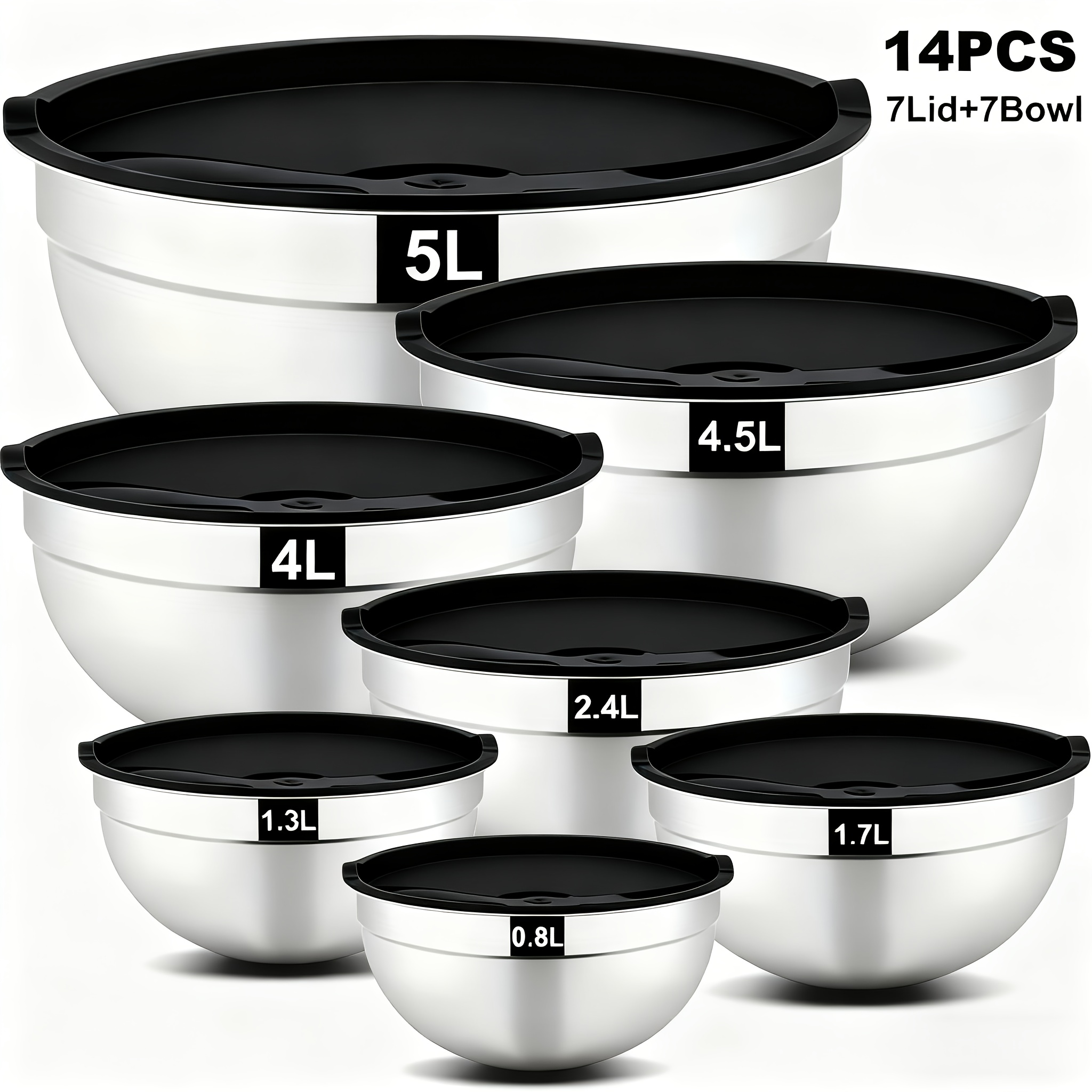 TEMU Ensemble de 14 bols en acier inoxydable avec couvercles hermétiques (7 bols et 7 couvercles), tailles 5, 3.7, 2.8, 2.3, 1.7, 0.7QT, parfait pour