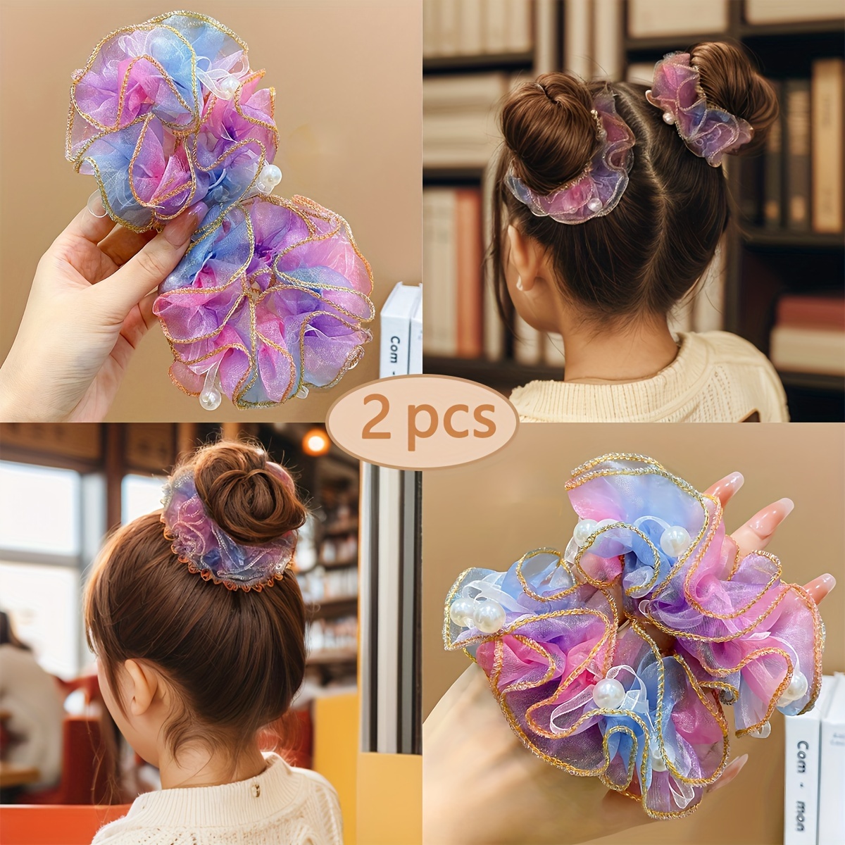 TEMU 2pcs Sweet Gradient Colored Mesh Flower Scrunchies, With Thin Golden Colored Edge, Suitable For Party Styling, Perfect Gifts For Girls