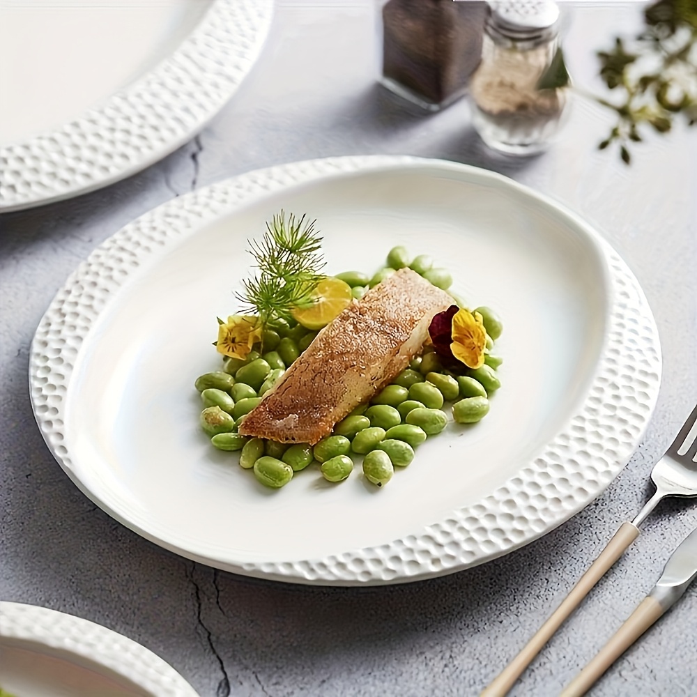 Hammered Edge Pure White Ceramic Dinner Plates, Nordic Ins Style Embossed Textured Plates, Multi-Size Flat Plates for Home, Steak Plates for Restaurant, Trendy Tableware Set