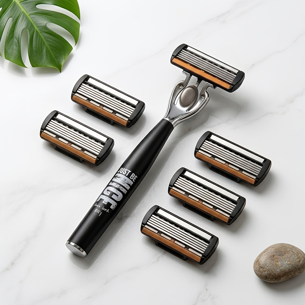 TEMU 1 Black Nice Handle 6 Replacement 6-layer Manual Shaving Set | Men's Manual Safety Shaving Set With 6-layer Stainless Steel And Aloe Lubricating