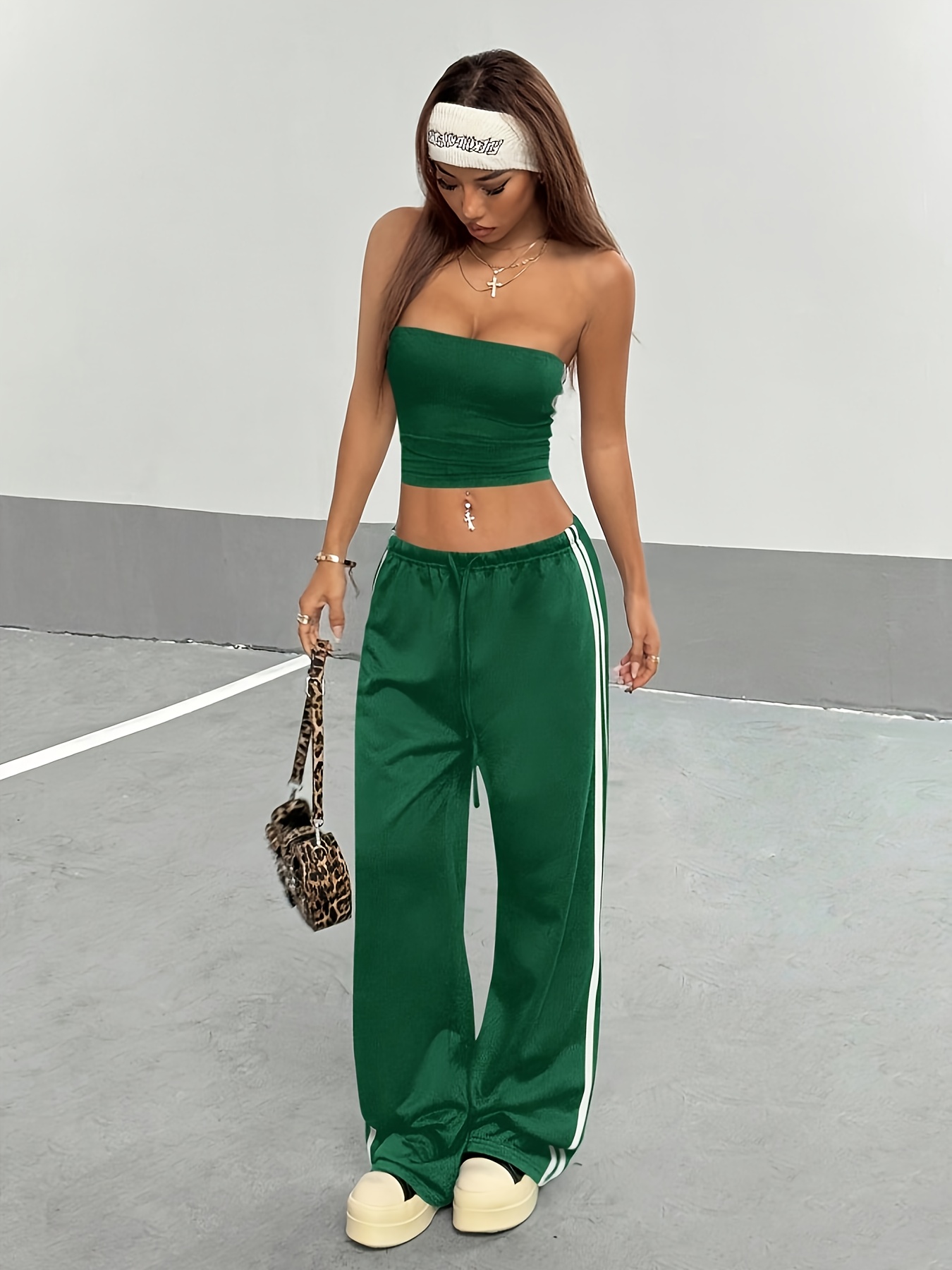 conjunto top corto sin tirantes pantalones anchos rayas Temu El