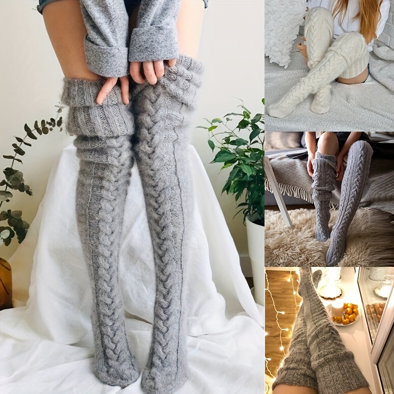 TEMU Of Women's Knee Socks Thickened Warm Winter Socks Fried Dough Twists White Christmas Gifts Stockings Pile Socks