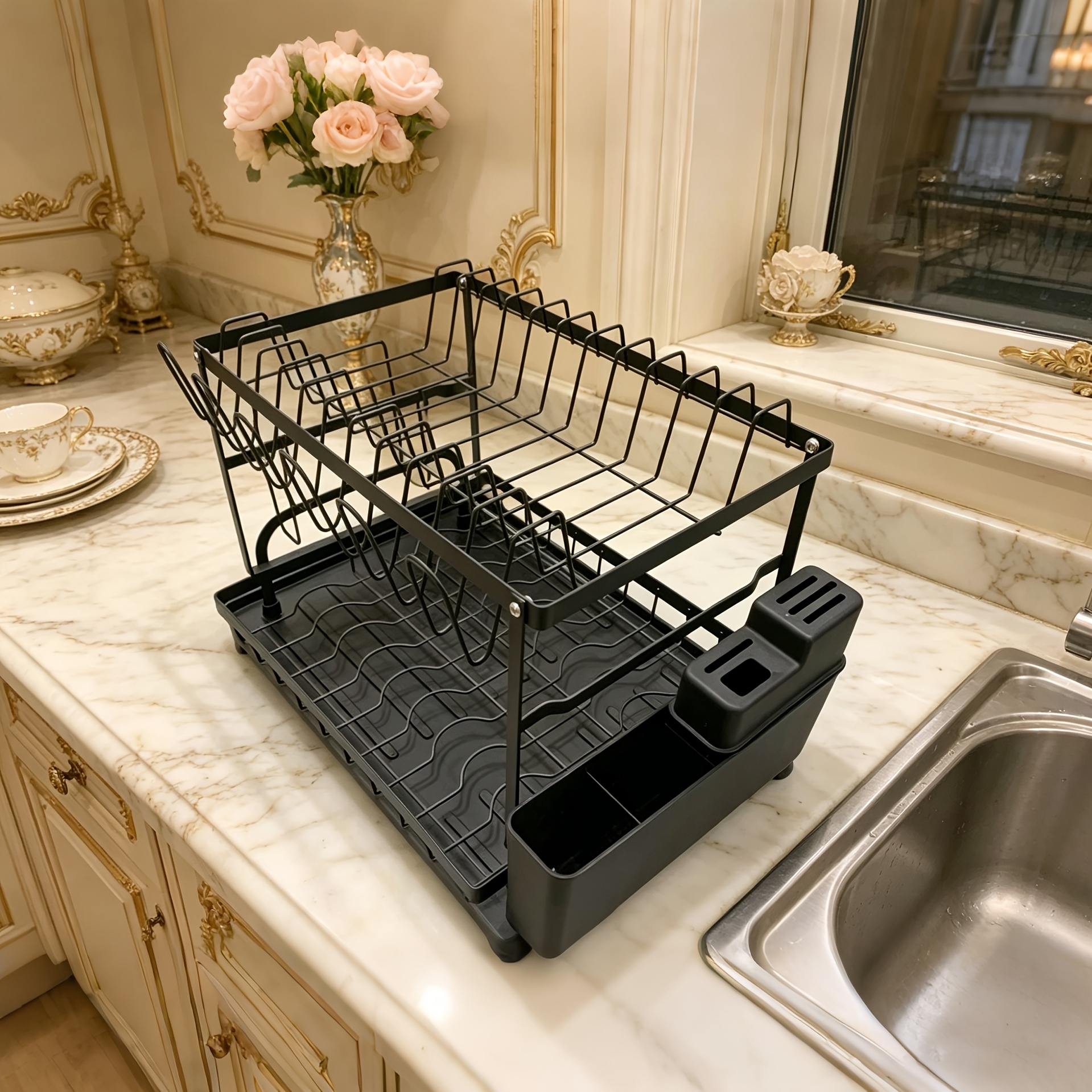 2-tier Dish Drying Rack With , Large Capacity Kitchen Countertop Dish Rack With Utensil Holder And Cup Holder, Black