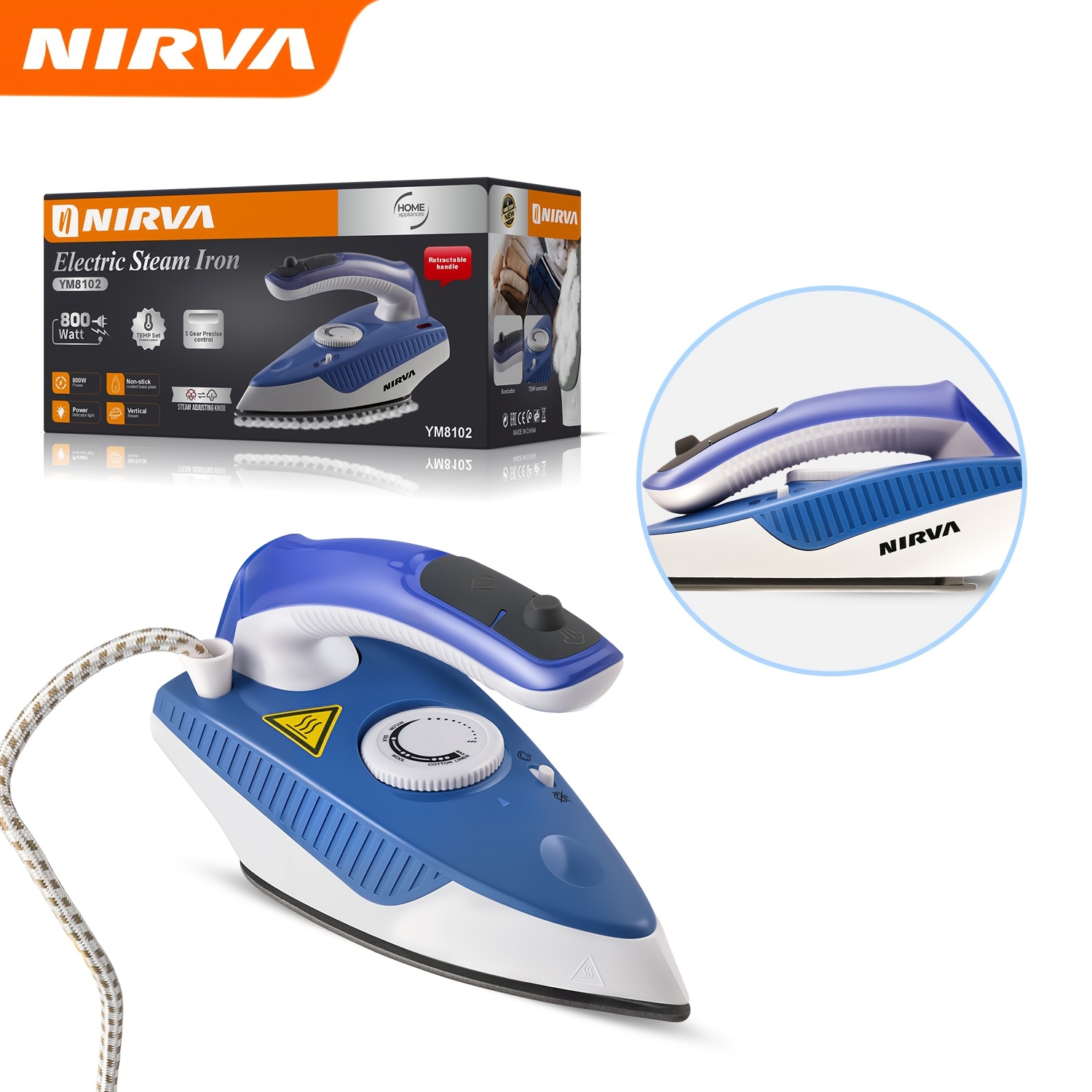 Image of Nirva Household Electric Iron, 800w Powerful Steam Garment Iron, Foldable , Ceramic Base Plate, Multi-level Temperature Setting, Drip-proof Protection For Linen Wool Clothing Home Use