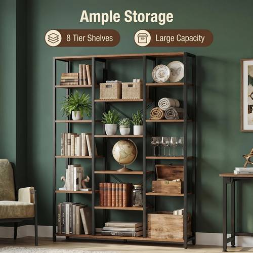 item picture 6 tier retro industrial style bookcase 15 compartment open shelving unit adjustable shelf x shaped reinforced back panel for stability suitable for living rooms and offices storage unit