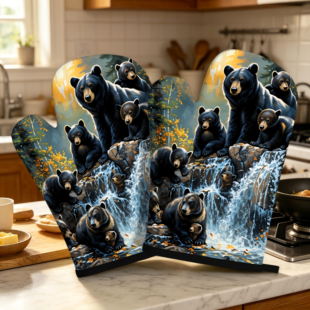 TEMU Set Of 2 Waterfall Black Bear Silhouette Oven Mitts, 27x17cm, , Suitable For Kitchen, Baking, And Home Use, Waterfall Black , Fine Texture,