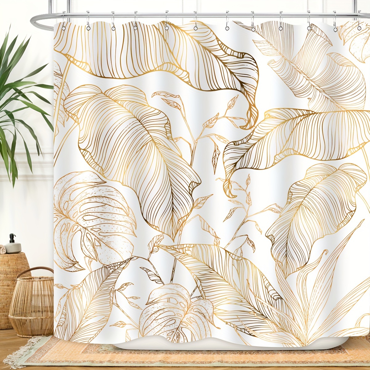 

White Golden Tropical Palm Leaves Shower Curtain Abstract Banana Leaf Copper Chic Modern Botanical Plant Nature Aesthetic Bathroom Décor Waterproof Fabric 71lx71w Inch