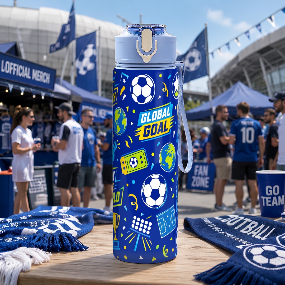 TEMU 1pc Blue Soccer Texture Football 750ml/25oz Plastic Sports Water Bottle, Daily Drinking Cup With Push-button Open, One-hand Operation, Direct