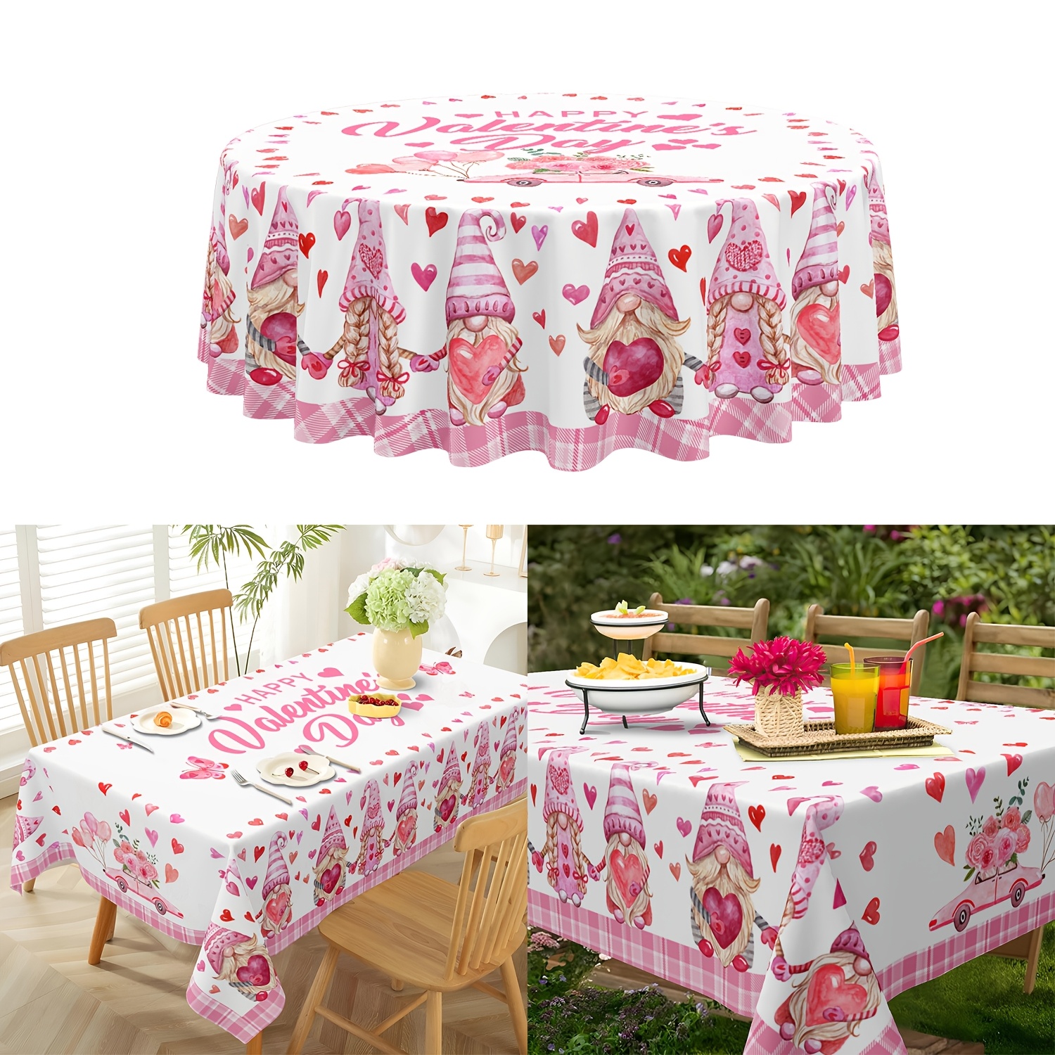 

1pc Valentine's Day Polyester Tablecloth - Hearts And Pink Gnomes Design, Waterproof And Reusable Round Table Cover For Home, Dining, Kitchen Party Decor, Gift