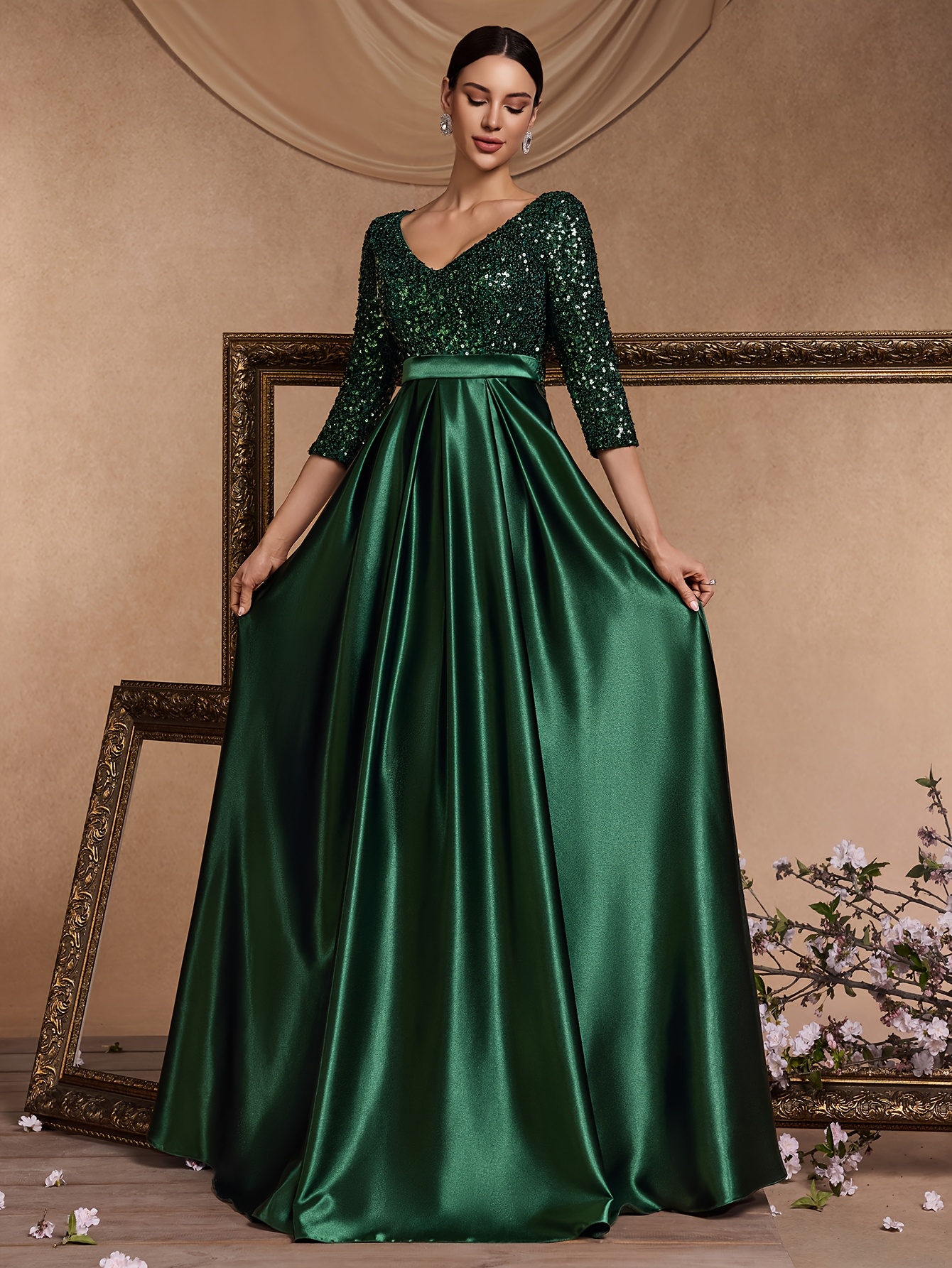long sleeve sequin fit and flare dress Faux-Wrap Long Sequin Formal Dress with Long Sleeves Lapis Blue / Large