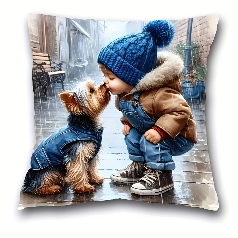 

1pc Bohemian Style Animal Theme Dog And Rain Short Plush Throw Pillow Cover 17.7"x17.7" | Zipper Closure, Machine Washable, Knit Fabric Polyester Decorative Pillowcase For Living Room Bedroom Decor