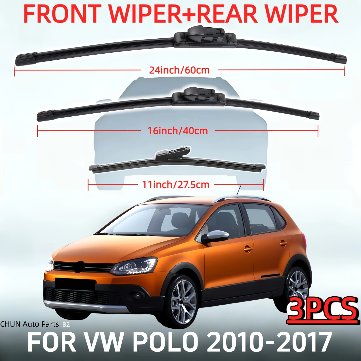 TEMU Set di ricambio tergicristalli per Volkswagen Polo 2010-2017, 60,96 cm + 40,64 cm + 27,94 cm, Set tergicristalli anteriore e posteriore premium