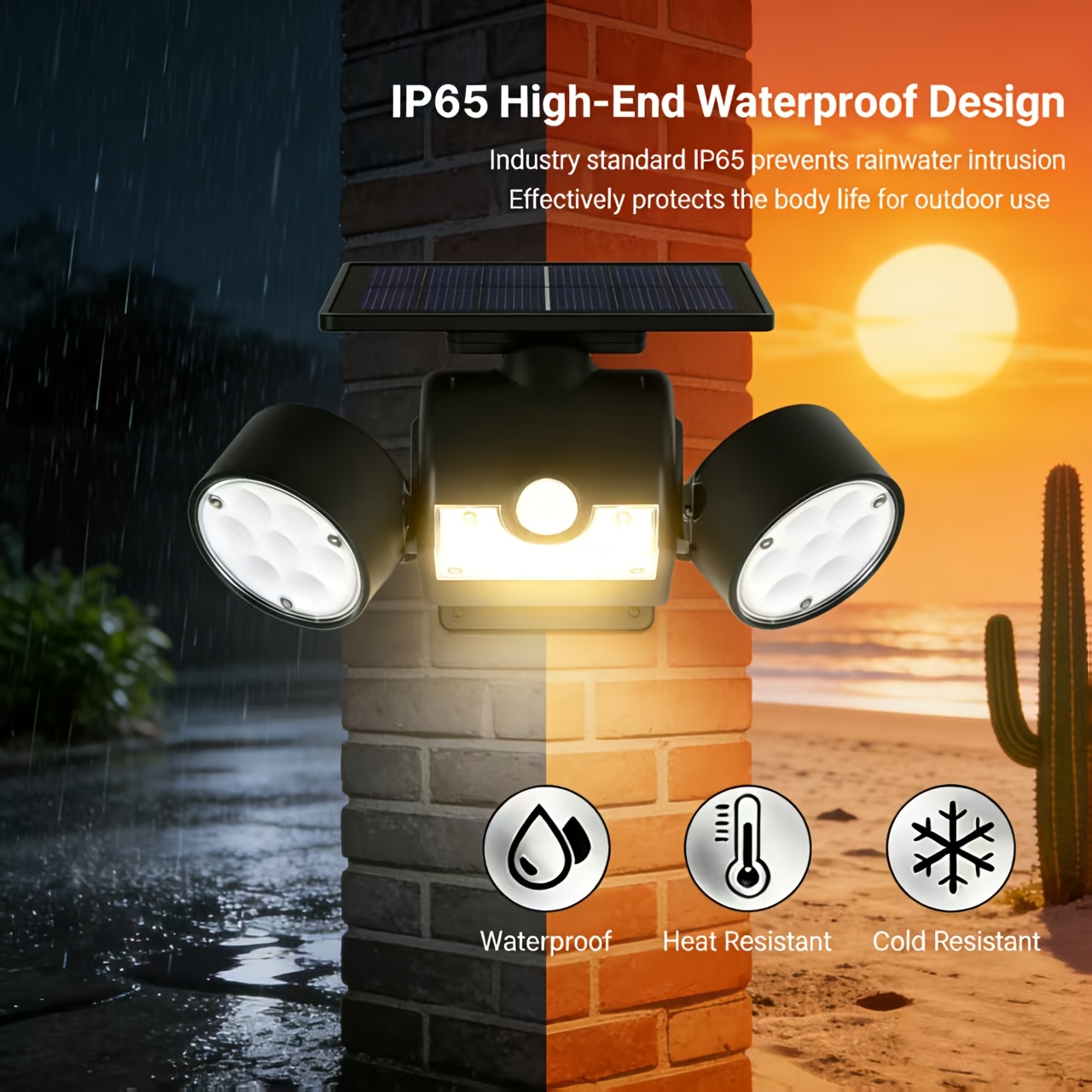TEMU Outdoor Solar Lights Featuring Motion Sensors, Wall-mounted Security Lights Come With Dual Head Spotlights. Are Heat Resistant, And Offer 360°