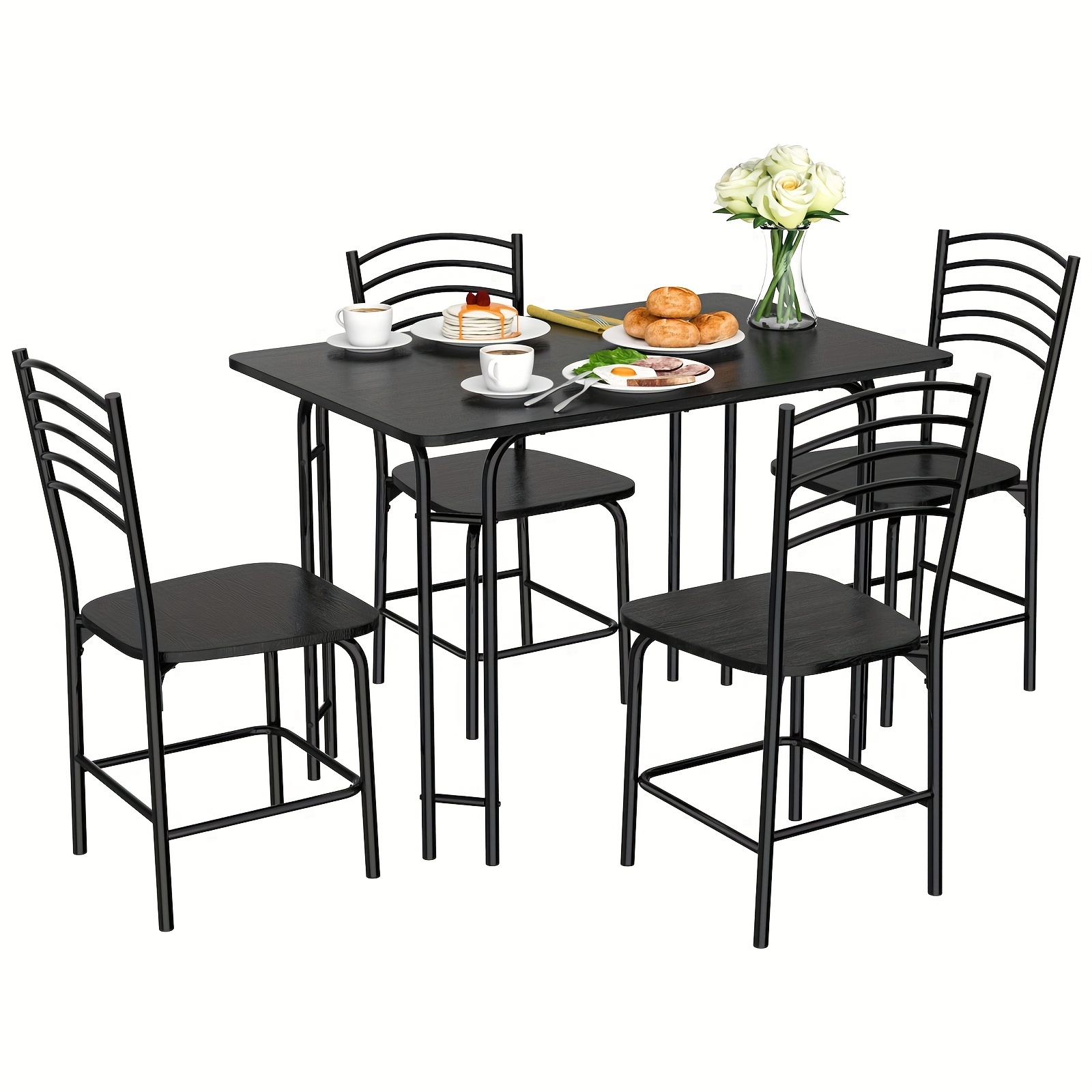 

5-piece Dining Set With Wood Textured Surface - Modern Classic Style Home Kitchen Table And 4 Chairs, Metal Legs, Sturdy Structure, Large Table Top For Comfortable Seating (black)