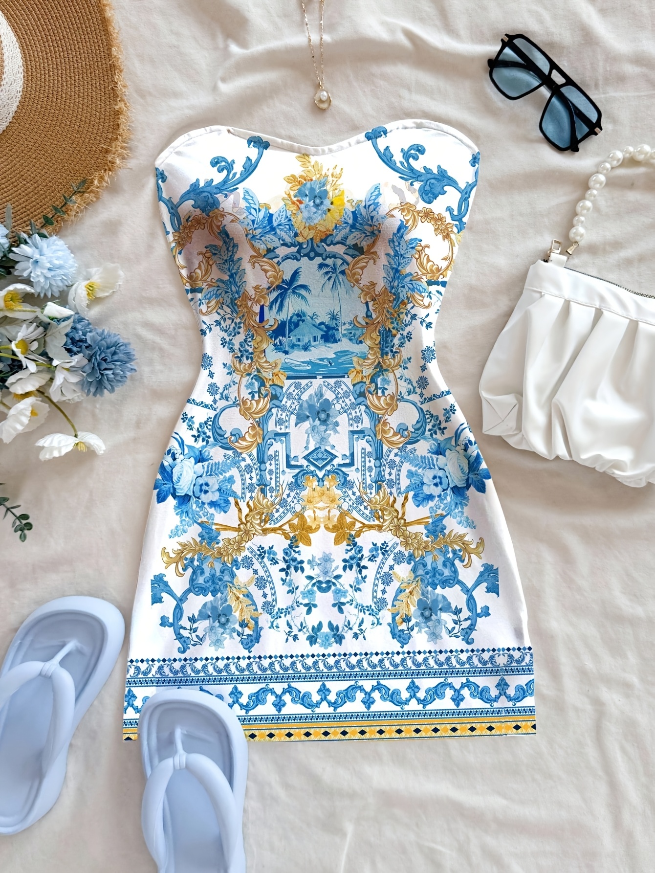 womens strapless blue white mini dress resort strapless - Temu Mauritius