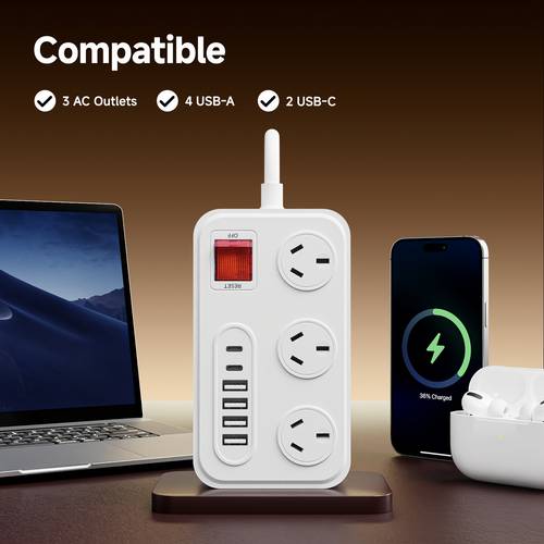 1 power strip with 3 ac outlets 4 usb ports 2 type c featuring a switch this extension cord desktop charging station is suitable for home and computer use