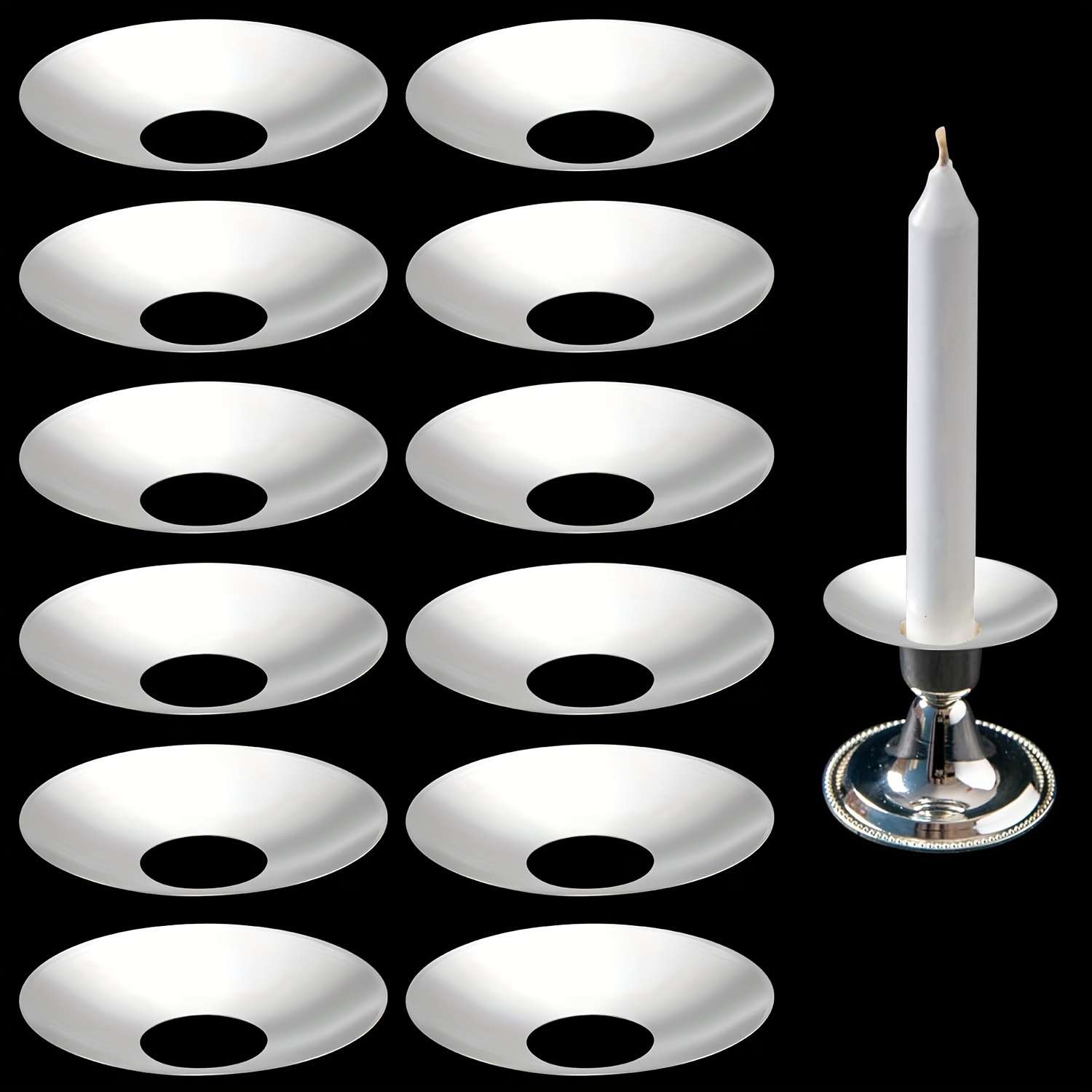 

12-pack Silvery Metal Candle Drip Protectors, Round Candlestick Liner, Cone-shaped Wax Catch Rings, For Wedding, Holiday Parties, And Home Church Decor