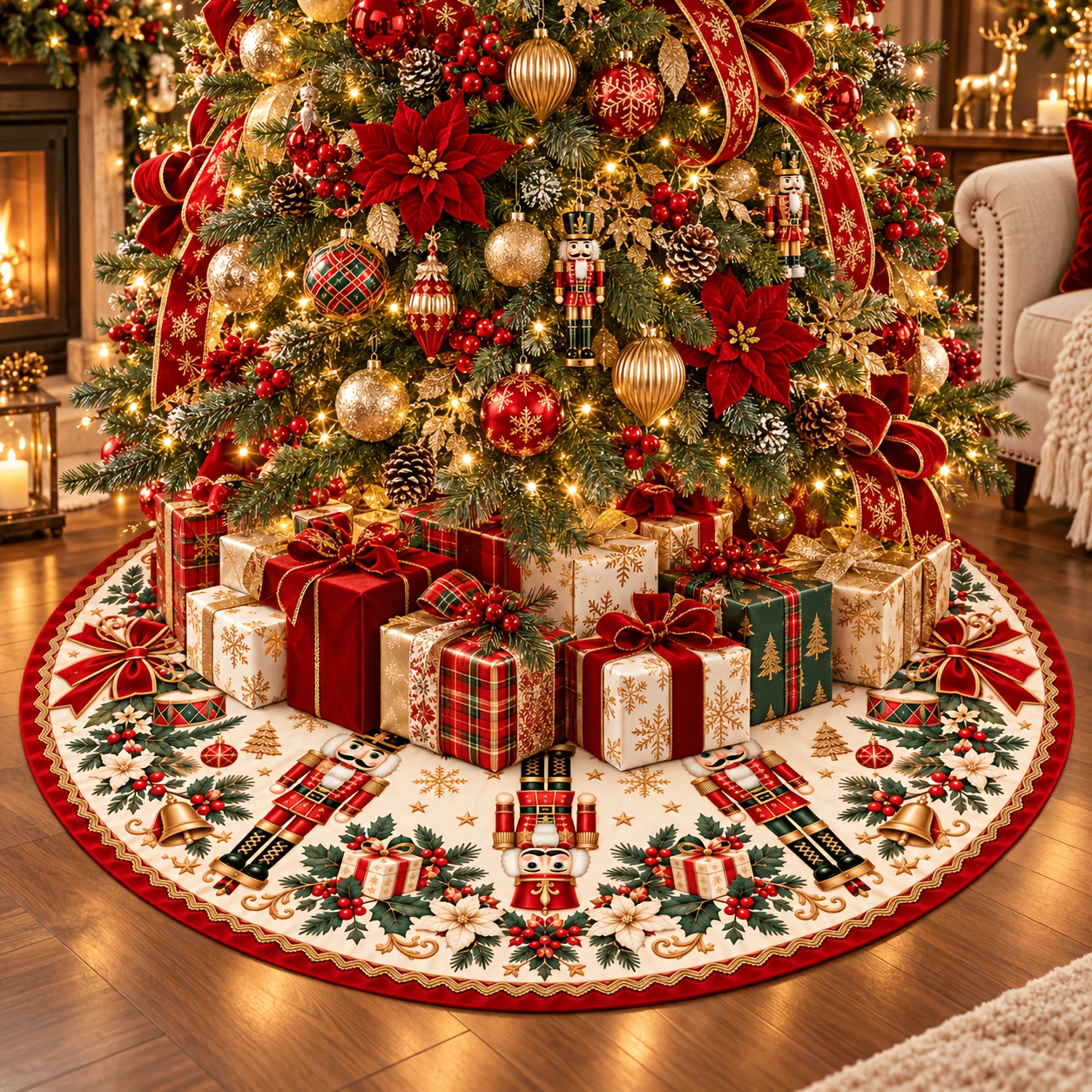 TEMU 1pc, Christmas Nutcracker Christmas Tree Skirt Red Velvet Trim Round Christmas Decorative Living Room Christmas Tree Christmas Day Decorative