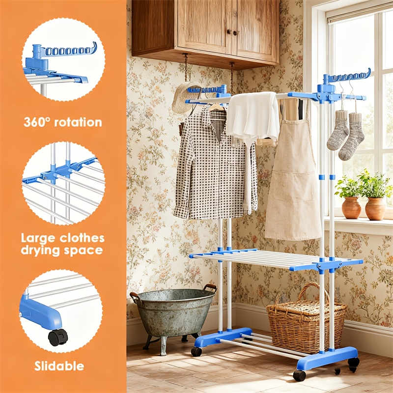 1pc Floor Standing Drying Rack, Movable Telescopic 3-layer Towel Rack, Multi-functional Household Balcony/ Outdoor Folding Drying Clothes Rackclothing(roller Type), Drying Racks
