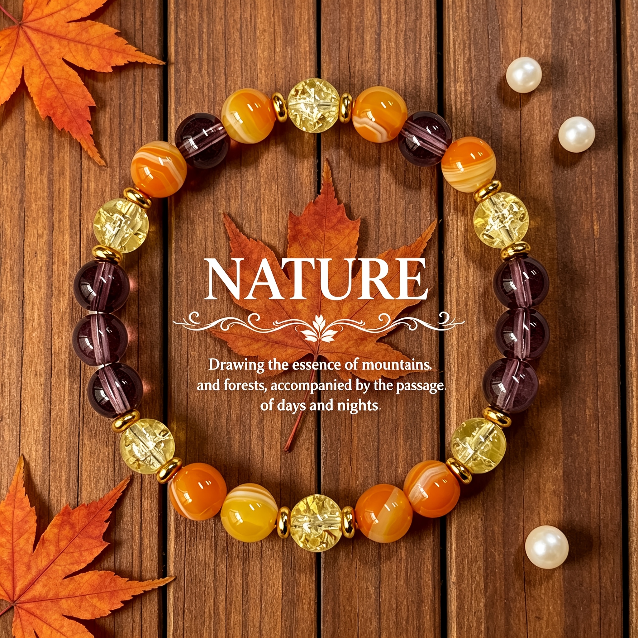 TEMU 1pc Vibrant Autumn Bead Elastic Bracelet, , Golden And Rich Brown Tea Crystal, With Polished Golden Spacer Decoration, Easy Bohemian Fashion
