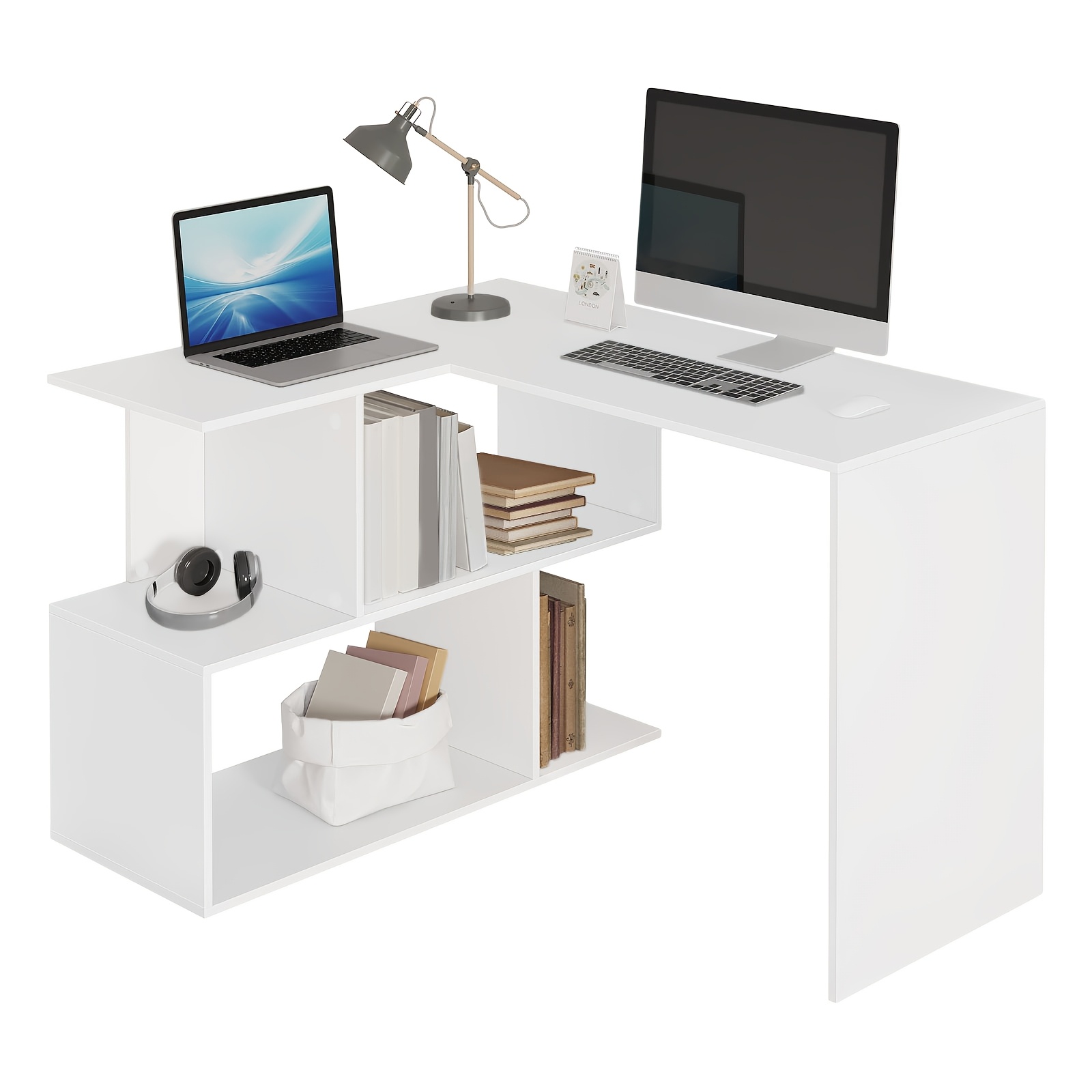 Compact L-shaped With Storage, 120x100cm, White Wooden Office Workbench For Computer & Laptop, Modern With Shelves & Compartments, Perfect For Home Or Small Spaces