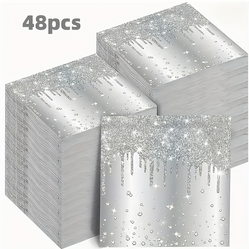 E-shop 48 silberfarbene Glitzer-PapierServietten mit glänzendem Diamantdesign, geeignet für Geburtstagsfeiern, Hochzeiten, Brautpartys und