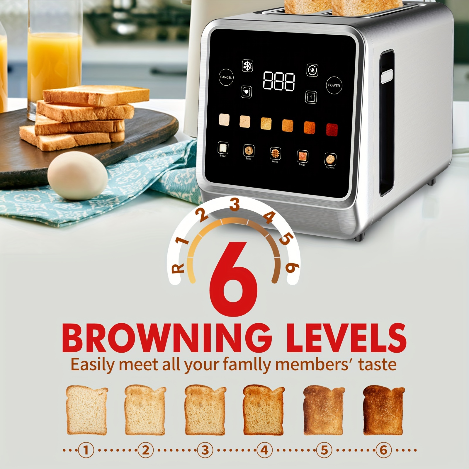 touch screen toaster 2   stainless steel digital timer toaster with 6 bread types and 6 shade settings 1 5 wide toast slot with bagel cancel defrost and memory details 6