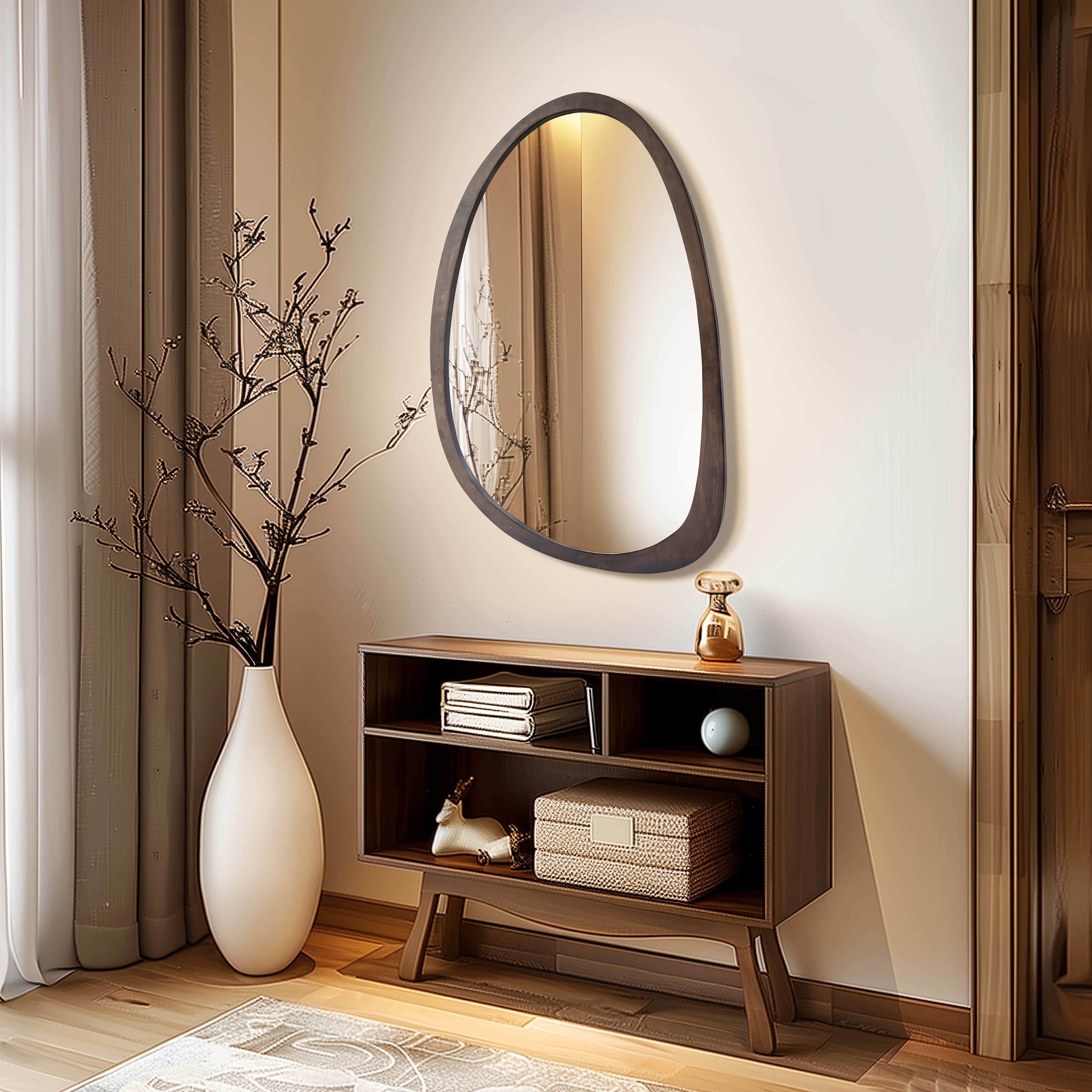 Vintage Asymmetrical Wall Mirror 70×50cm - Irregular Solid Wood Frame, Classic Wall-Mounted HD Makeup Mirror Home Decoration, Vertical/Horizontal, Ideal for Bedroom, Living Room, Entryway Decor, Wall Decor, Formaldehyde-free