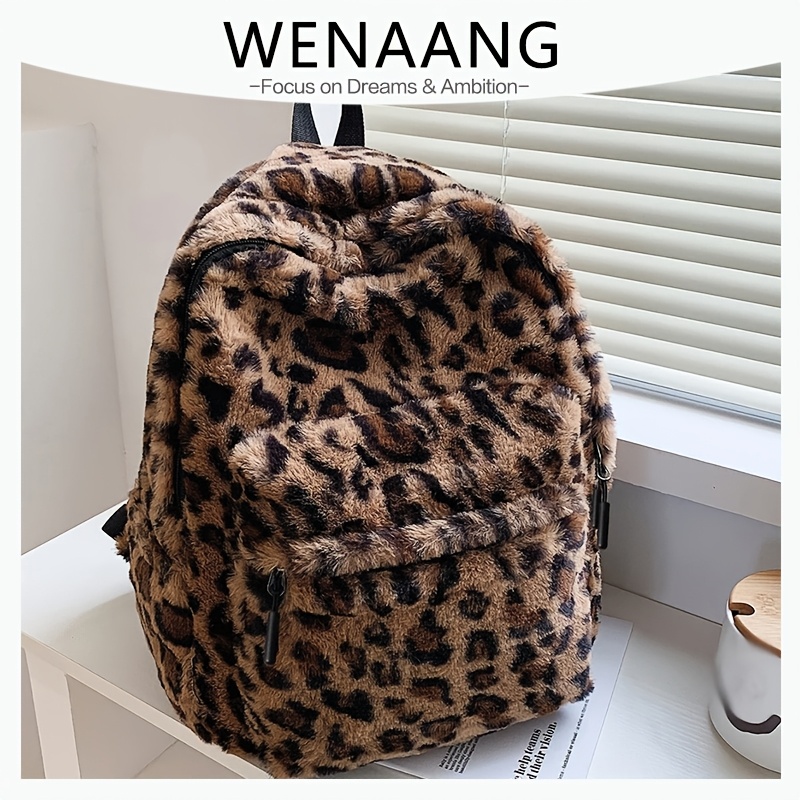 TEMU 가을 겨울용 패셔너블한 레트로 플러시 프린트 백팩, 부드러운 다중 수납공간과 대용량, 편안하고 조절 가능한 어깨 끈과 지퍼 잠금장치, 일상 통근용으로 적합