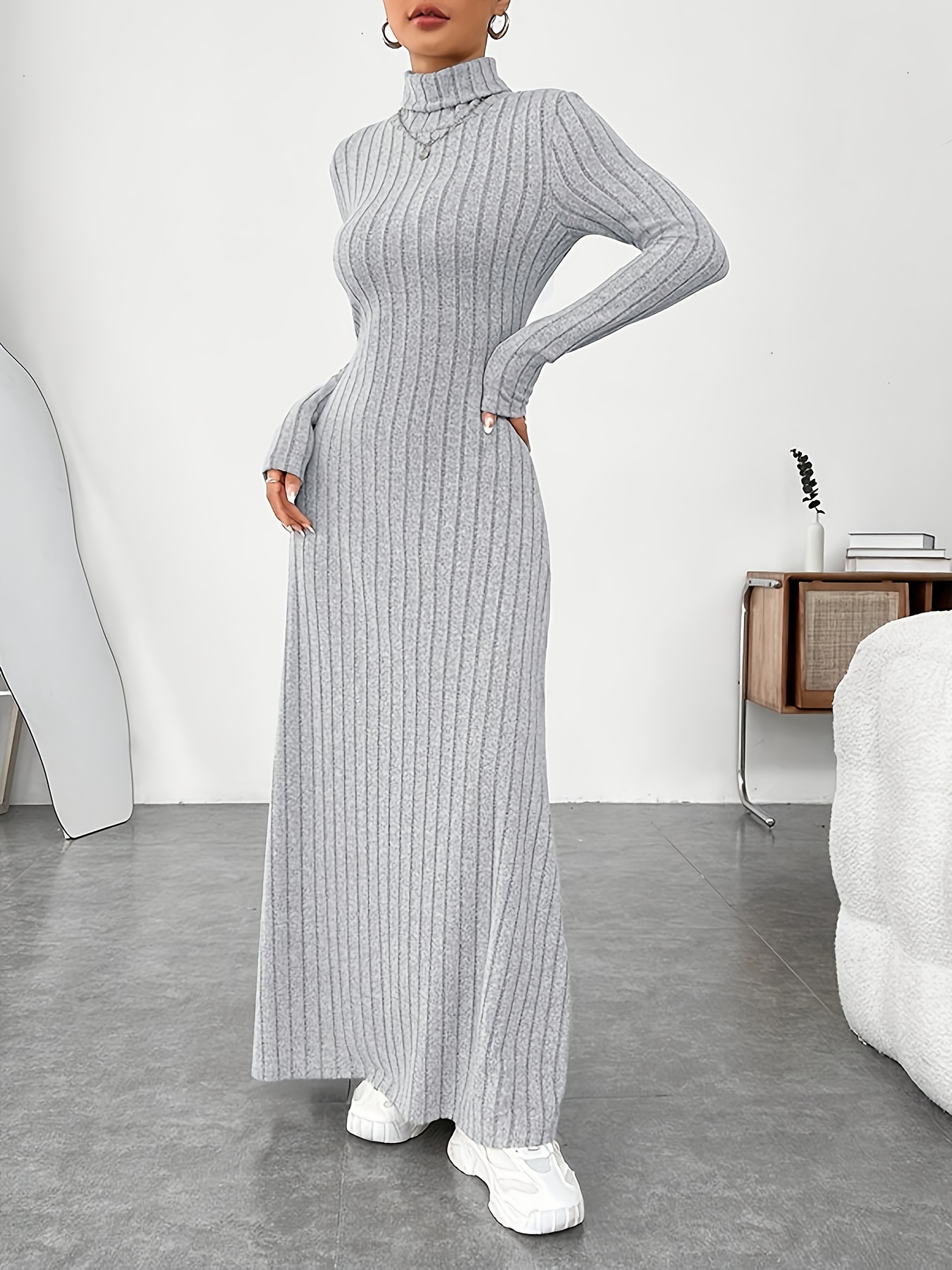 elegant long sleeved fitted dress in solid color length - Temu