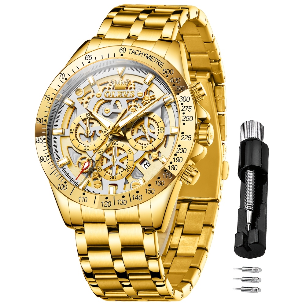 watches men multifunction plated golden stainless - Temu display picture 2