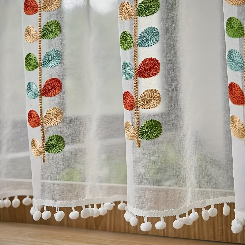 Image of 1pc Rod Pocket Style Bay Window Short Curtain Leaf Embroidery Sheer Curtain Coffee Curtain Bedroom Kitchen Small Window Half Curtain