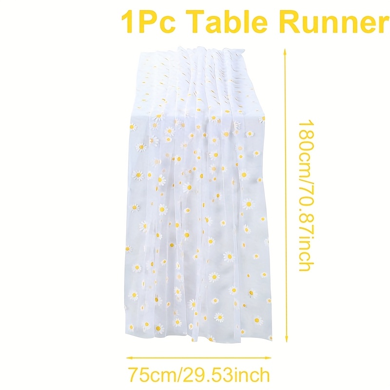 Image of 1pc, Small Daisy Table Runner, 180x75cm, White Daisy Netting Table Flag, Suitable For Kitchen, Living Room Decoration, Perfect For Wedding Decor, Birthday Party Supplies, For Daisy Themed Party Decor