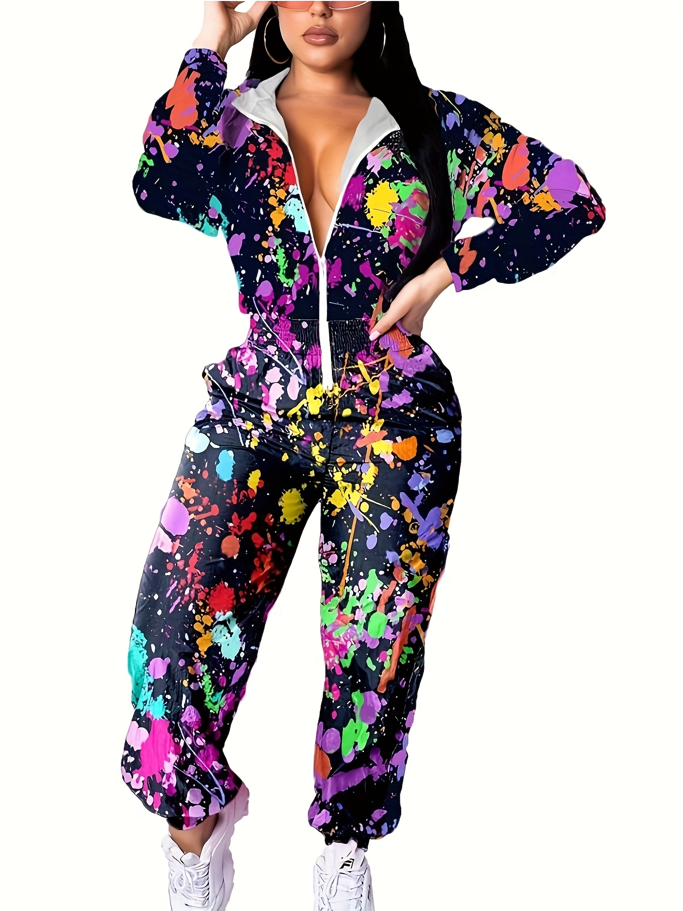 womens 80s 90s retro hooded jumpsuit windproof hip hop style